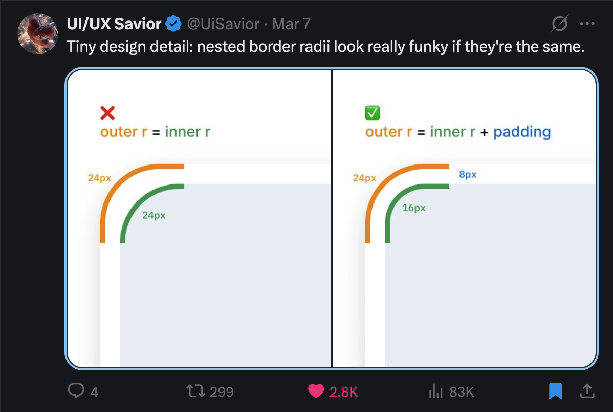 Nested border radii tip - outer radius should equal inner radius plus padding