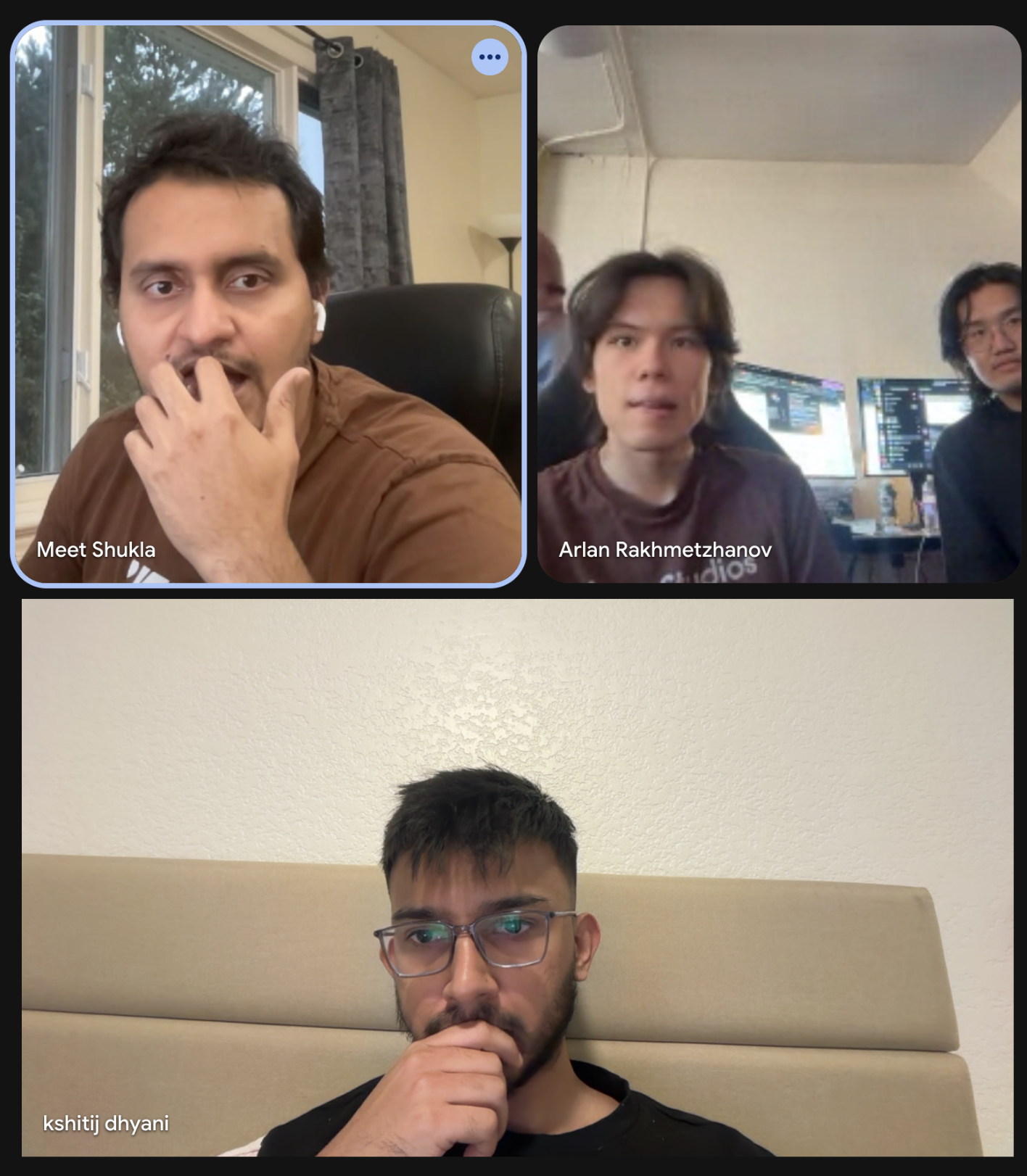 Google Meet call with Meet Shukla, Arlan Rakhmetzhanov, and Kshitij Dhyani