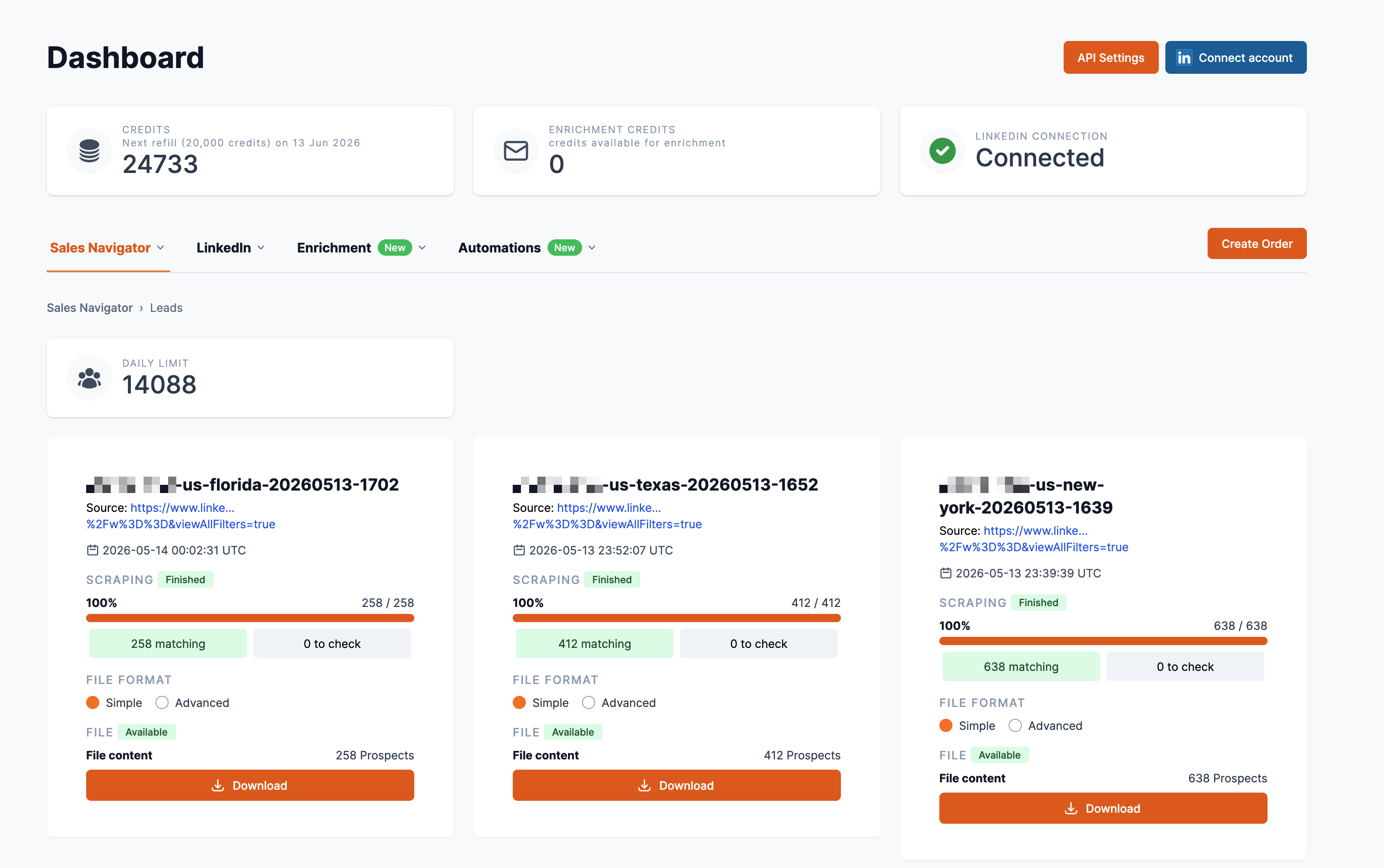 Vayne dashboard showing Sales Navigator orders, credits, and LinkedIn connection status