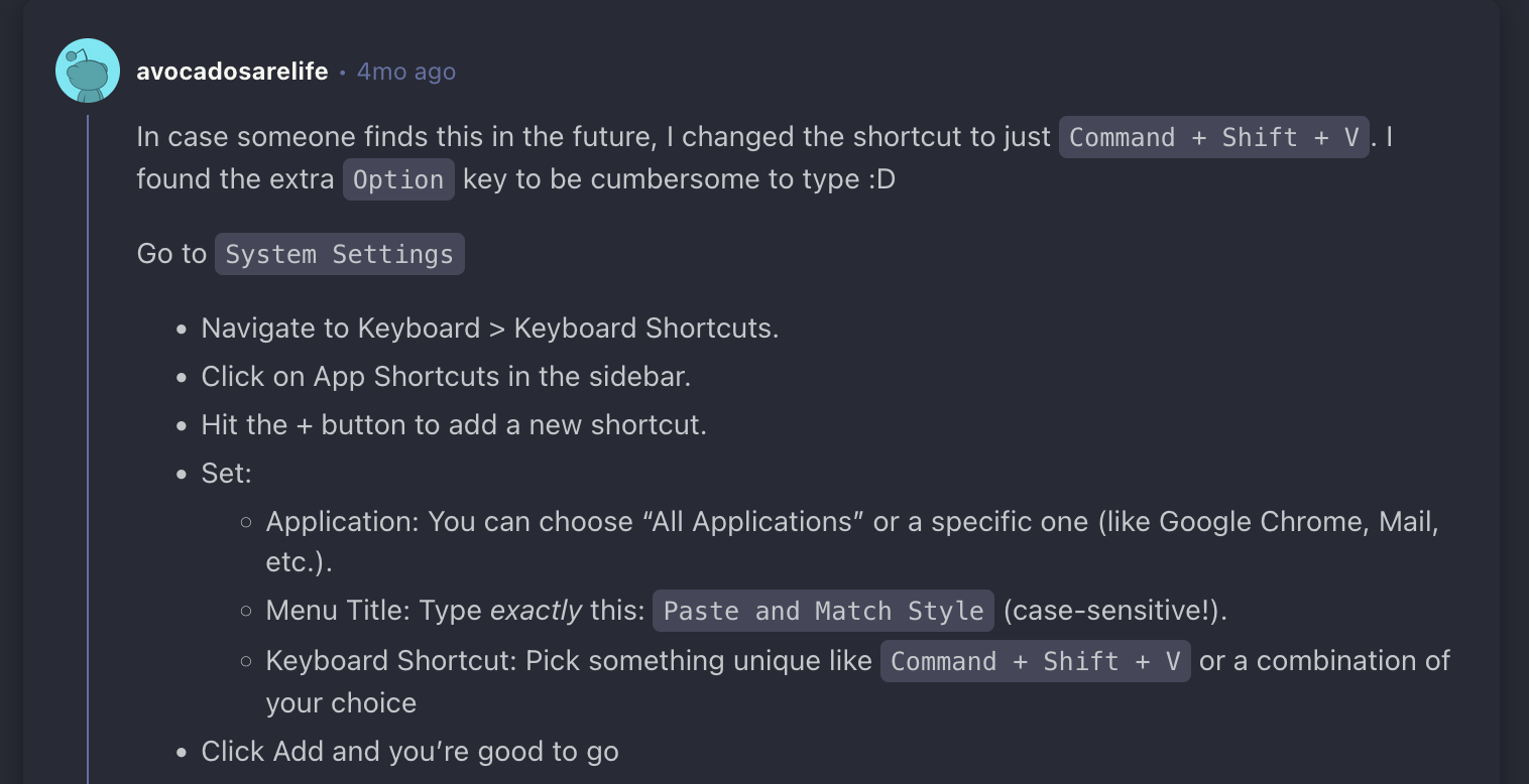 Paste without formatting setup