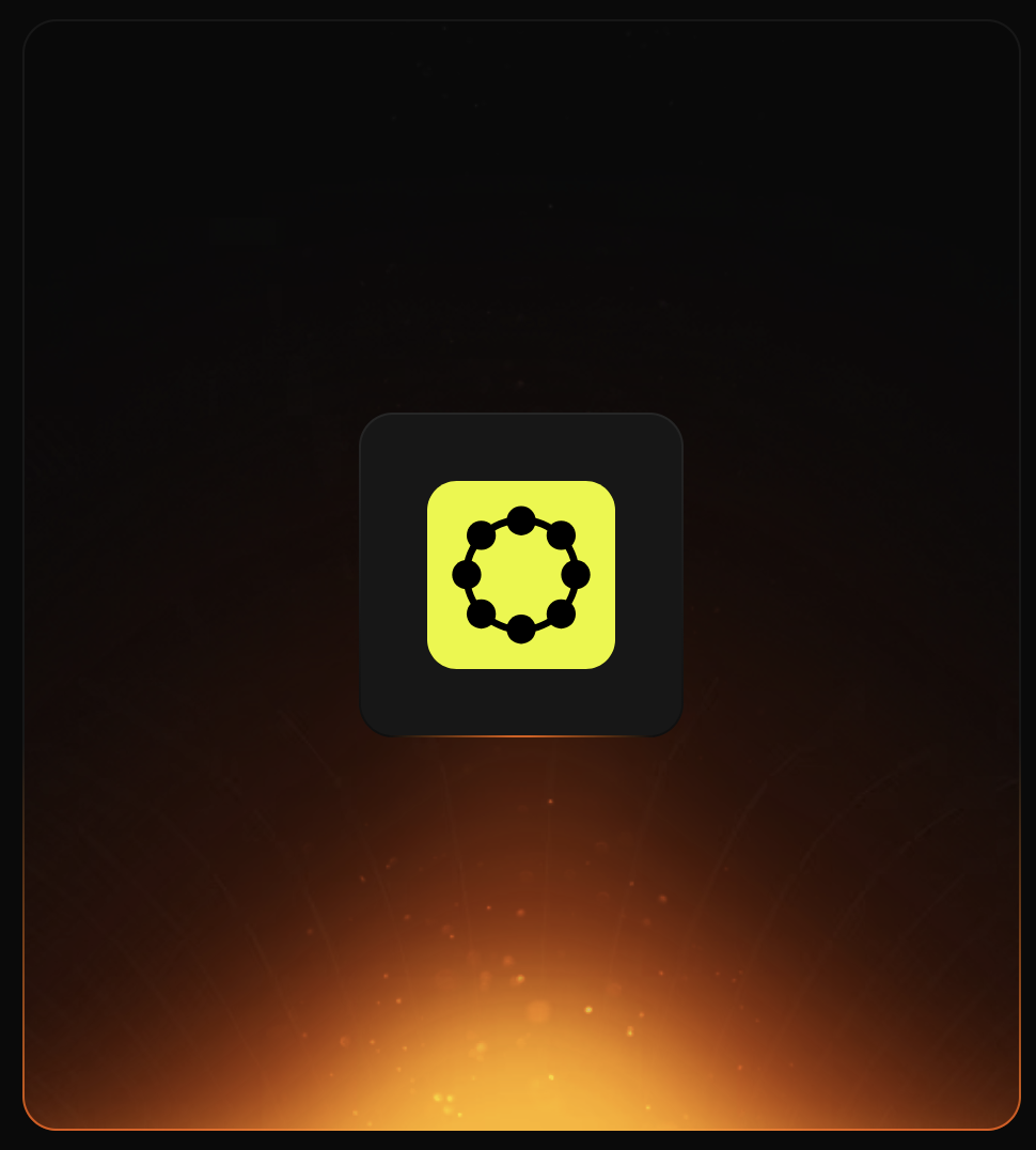 Dark bento card with a lime app icon of connected nodes
