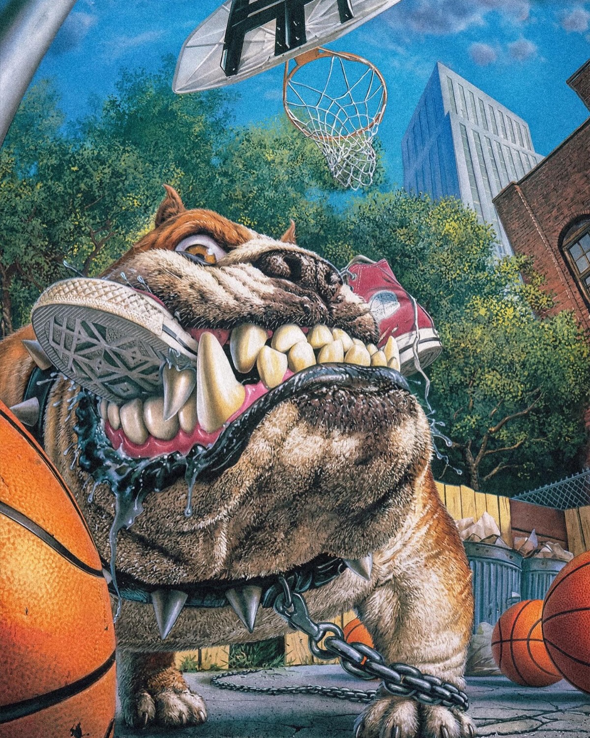 Retro extreme art - bulldog with sneakers on basketball court