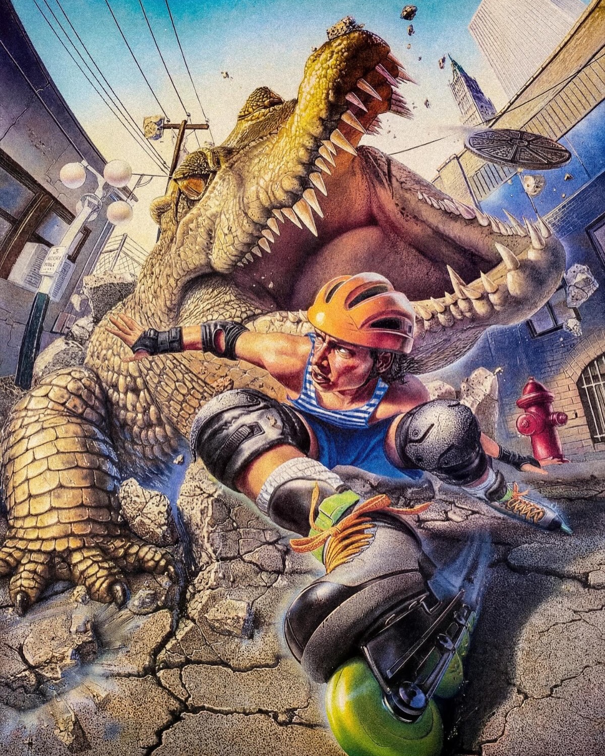 Retro extreme art - giant crocodile chasing inline skater