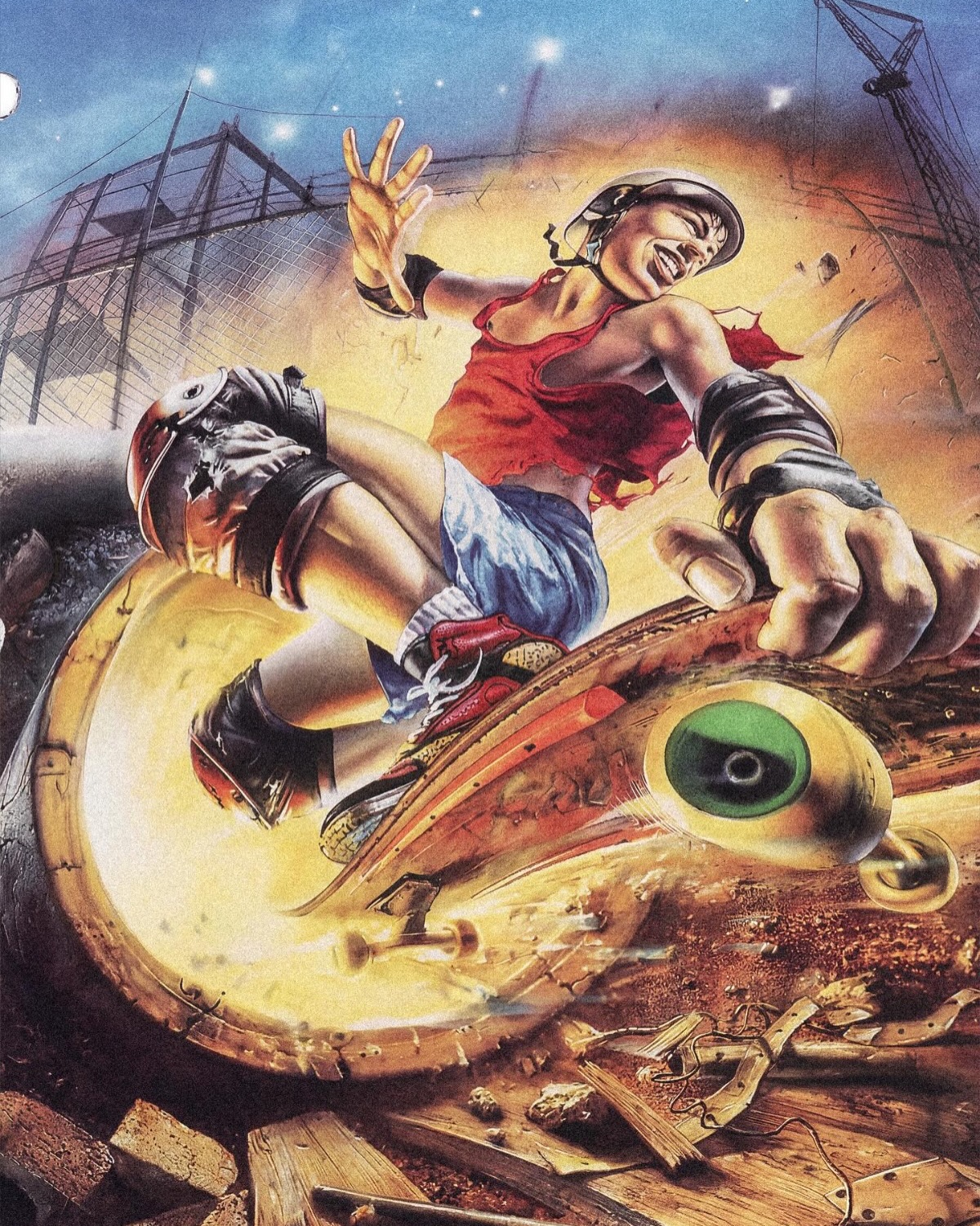 Retro extreme art - skateboarder grinding through destruction